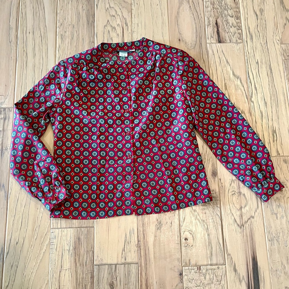 Pykettes Petites Vintage Red Button Down Shirt w/ Green & Yellow Pattern, size 6